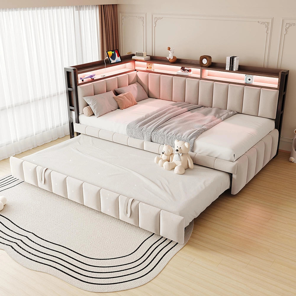 Divano letto 90x200cm?- Xylo - gigogne LED USB velluto beige