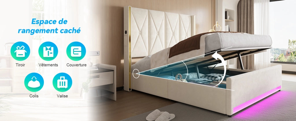Letto Contenitore Imbottito con LED, USB e Sistema Idraulico ¨C MINIMAL ¨C Velluto, 160x200