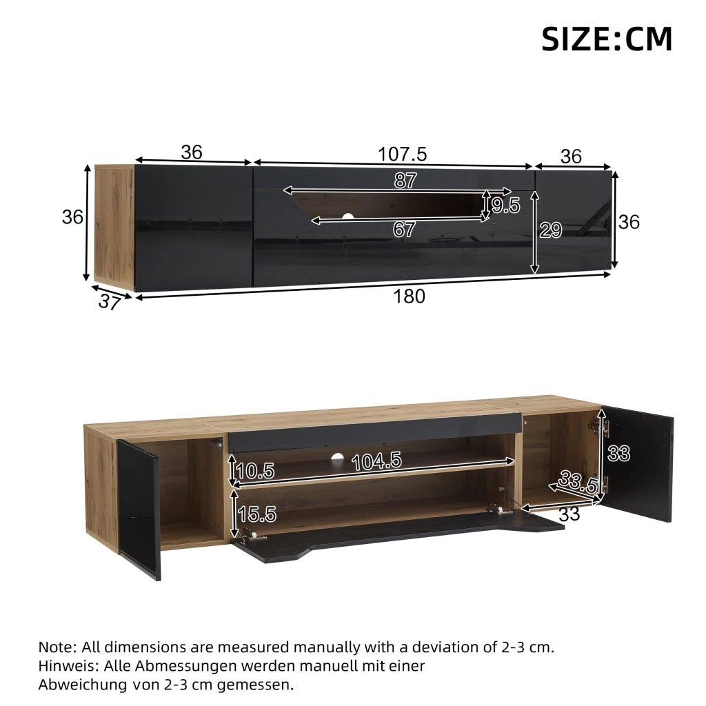 Cassettiera per TV beige e nero in truciolare; lunghezza 180 cm