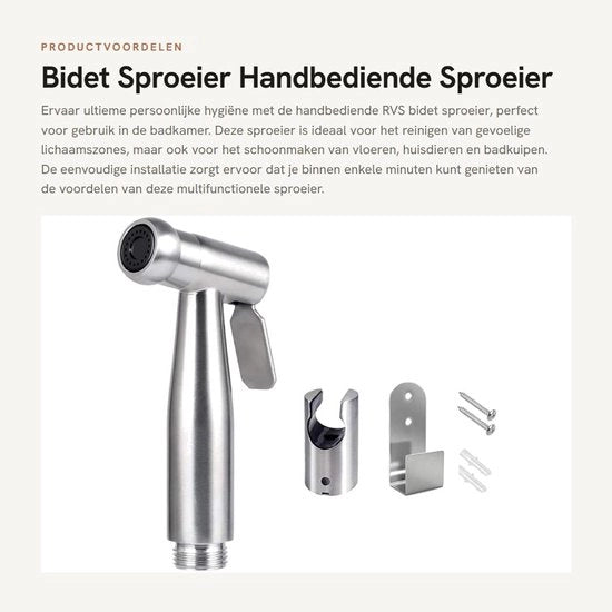 Bidet Sproeier RVS - Manuale - Easi da Installare - per Igiene Personale - Inclusa Supporter