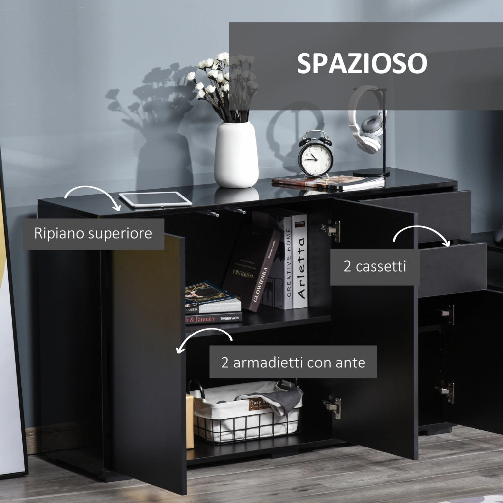 Mobiletto Multiuso Nero con 2 Cassetti e 2 Armadietti ad Apertura a Pressione, 117x36x74cm