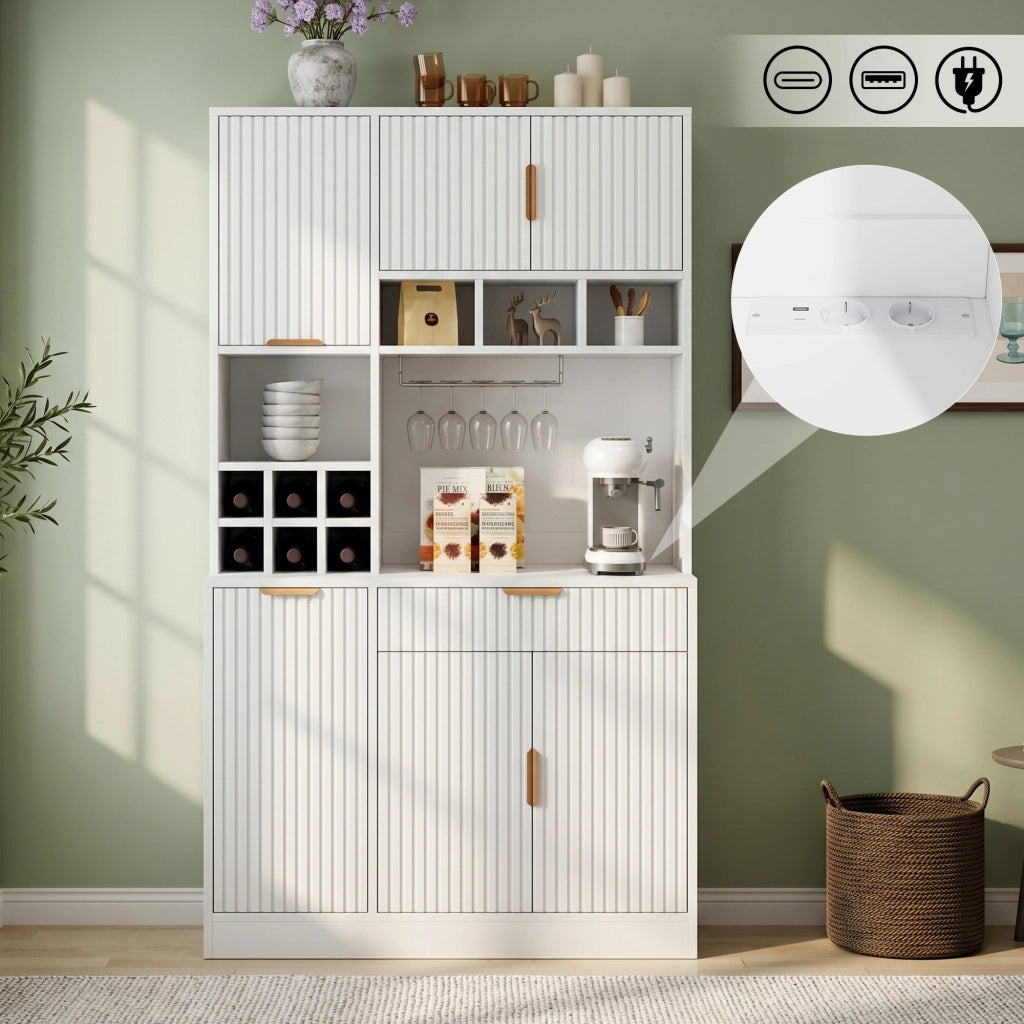 Credenza alta con 2 prese e porte USB-A e USB-C, porta bicchieri e bottiglie, per cucina e sala da pranzo, 100 × 40 × 175 cm