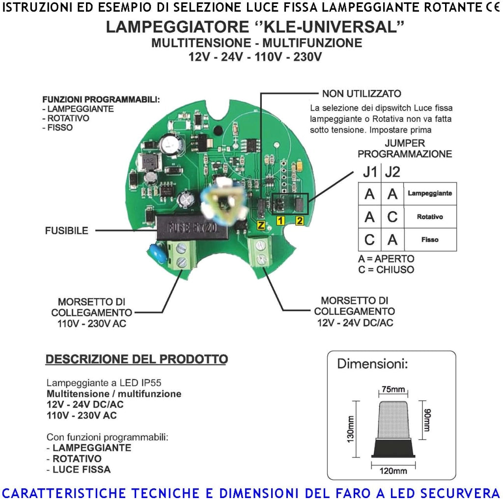Segnale Rosso 9 Led su 3 Steli Funzioni Luce Fissa Lampeggiante o Rotante Alimentazione 12/24/230 V Montaggio a Palo o Parete Ripetitore Semaforo o Monitore su Automatismi Contenitore Metacrilato IP55