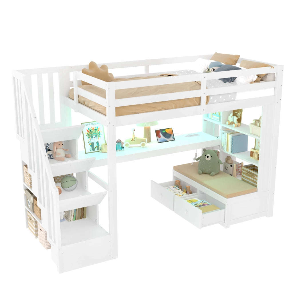 Letto a castello con scrivania e scaffali - Xylo - 90x200 - Bianco - Con cassetti e ripostiglio