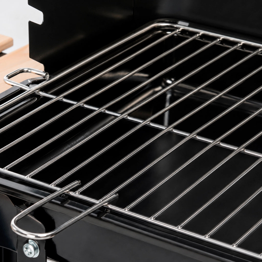 Barbecue A Carbone Con Griglia E Paravento Antivento Ripiani Legno Laterali Ganci Porta Utensili Ruote Per Trasporto Facile Giardino Campeggio 94 x 40 x 84 Cm Nero