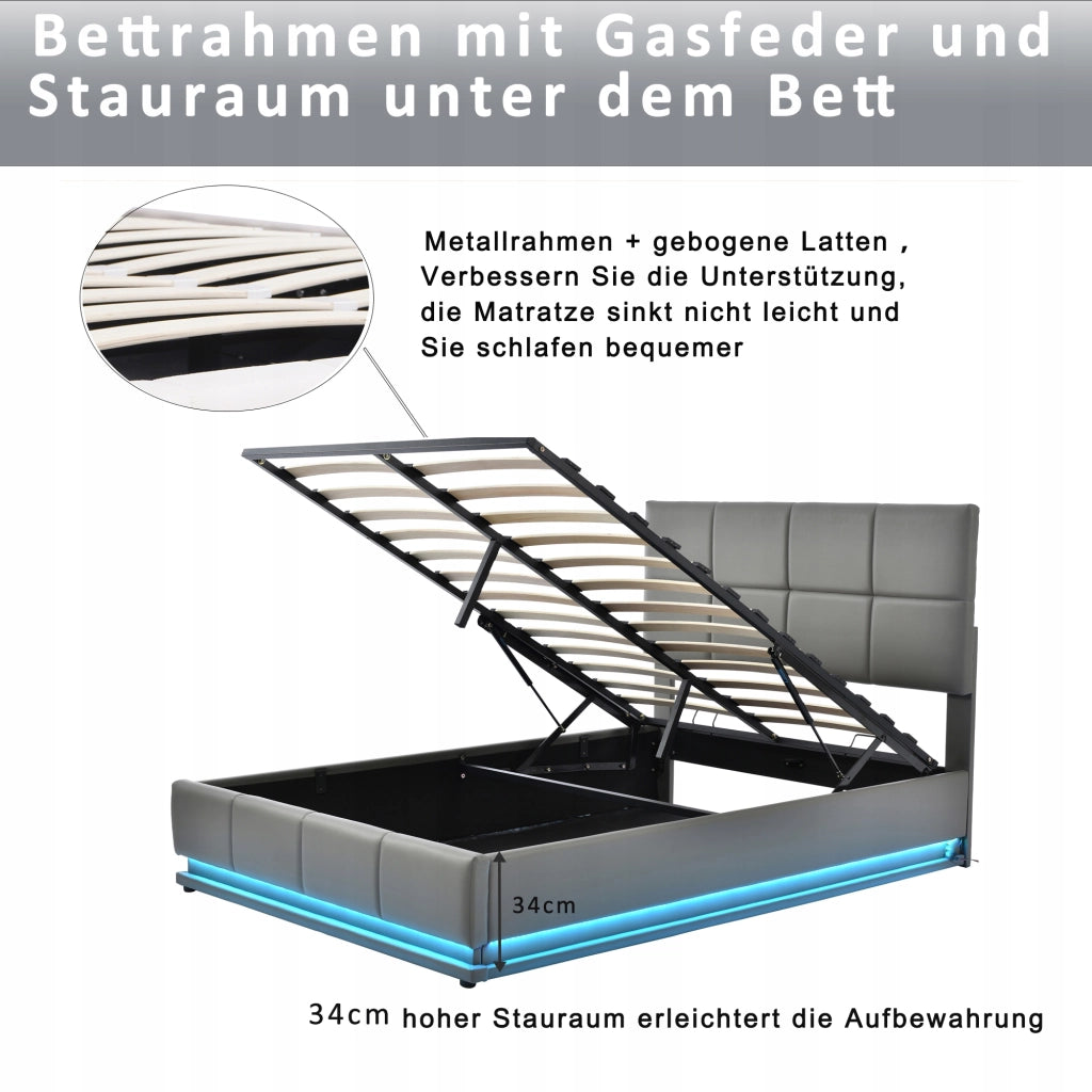Letto imbottito 140x200 LED idraulico grigio - Xylo