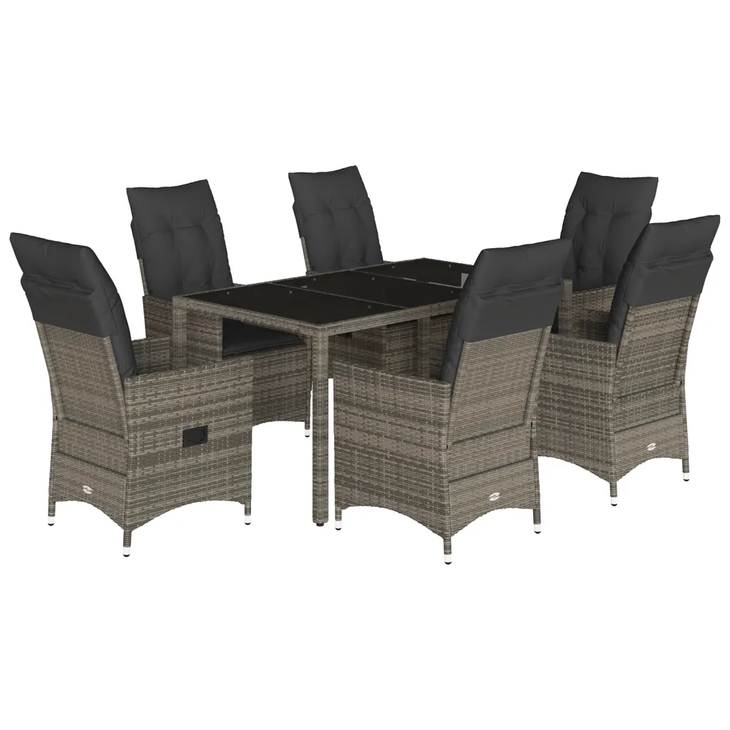 Set da Pranzo da Giardino 7 pz con Cuscini in Polyrattan Grigio