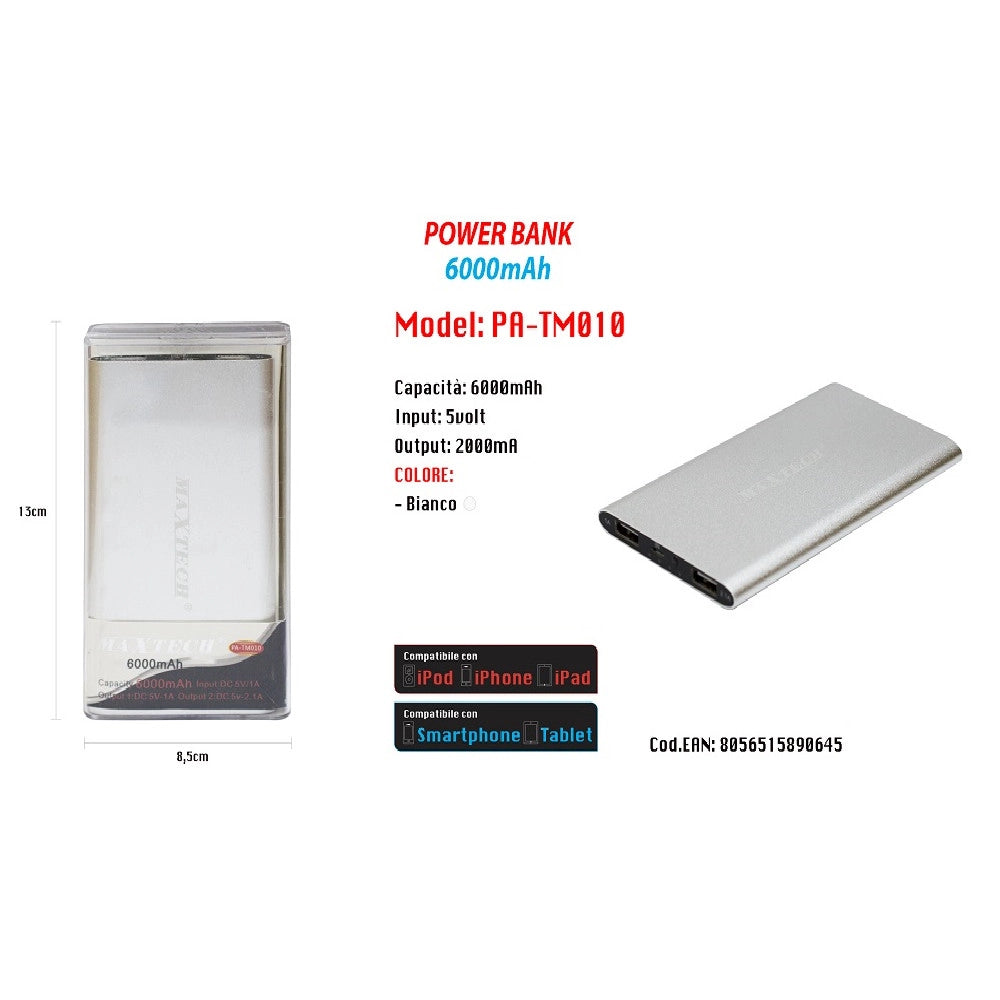 Trade Shop - Power Bank Portatile 6000mah Per Smartphone Cellulare Tablet Maxtech Pa-tm010 -