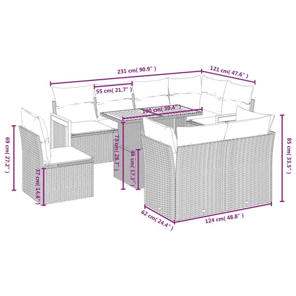 Set Divani da Giardino 9 pz con Cuscini Nero in Polyrattan 3274051
