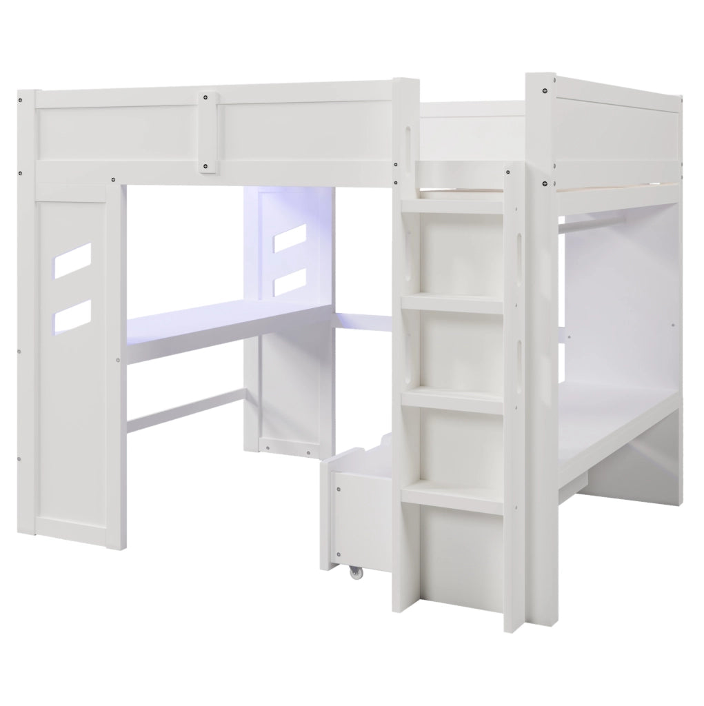 Letto a soppalco 140x200 cm con scrivania; LED; USB-C; cassetti e appendiabiti; bianco