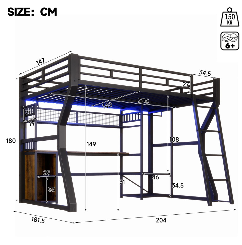 Letto a soppalco 140x200 cm in metallo e MDF con scrivania; luce LED e presa; nero