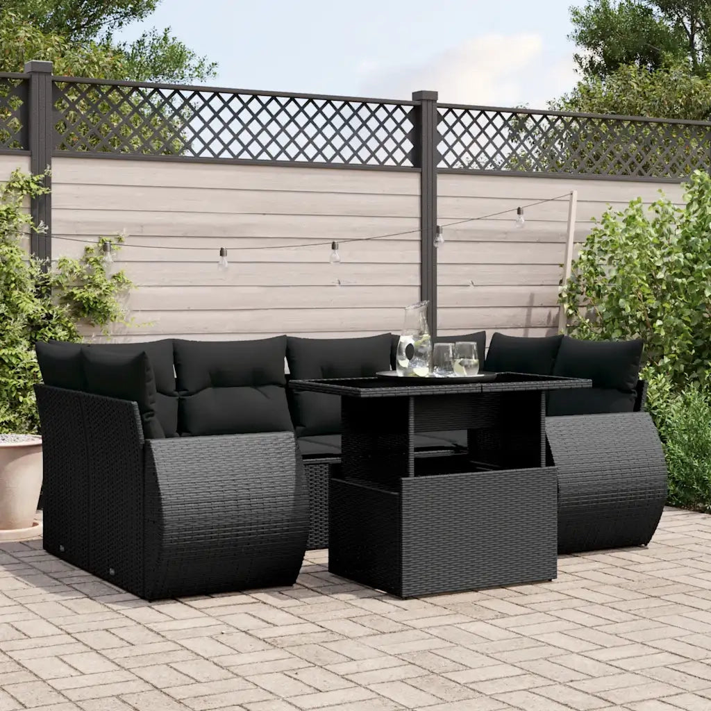 Set Divani da Giardino con Cuscini 7pz Nero Polyrattan