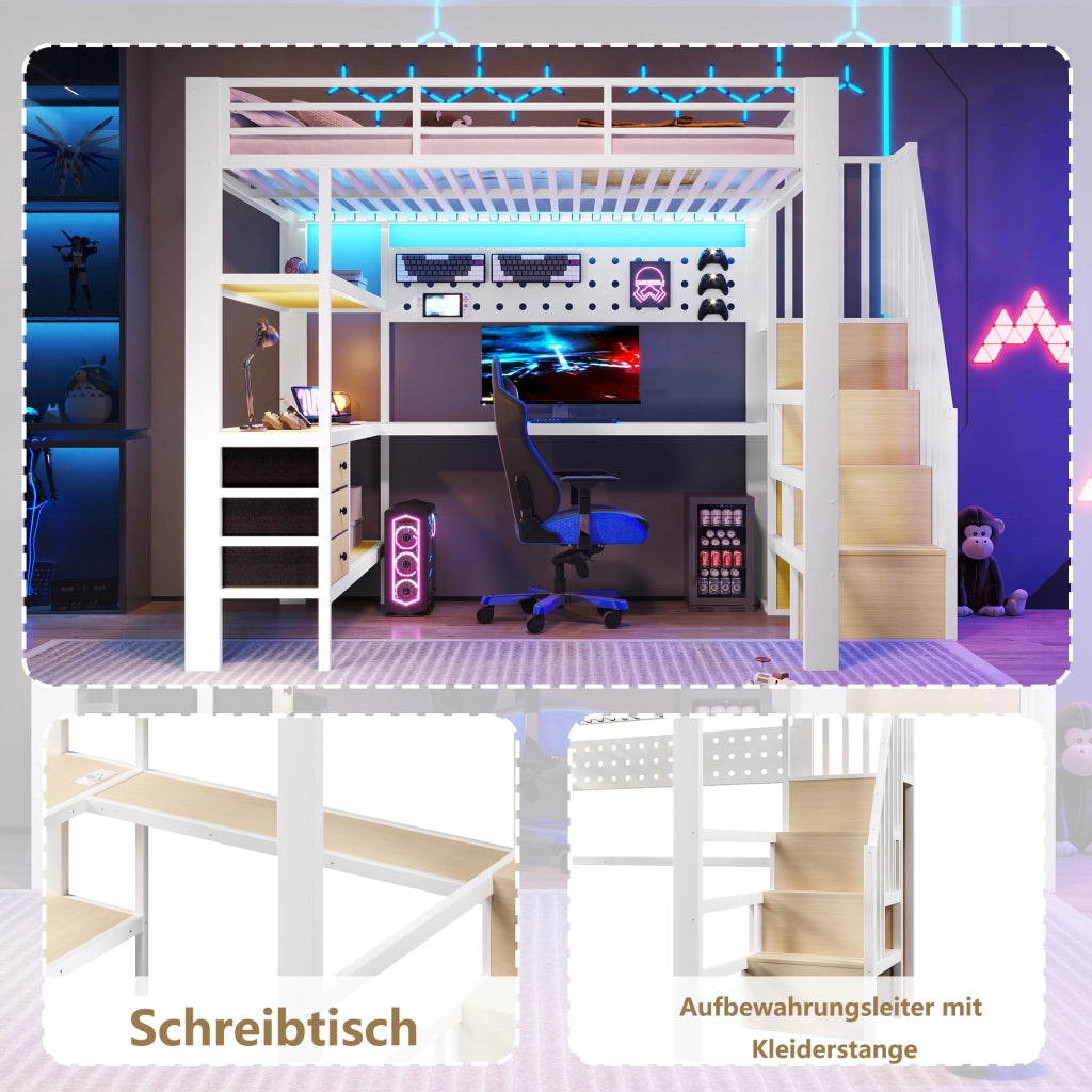 LETTO A CASTELLO 140x200 cm Bianco con scrivania, cassetti, LED