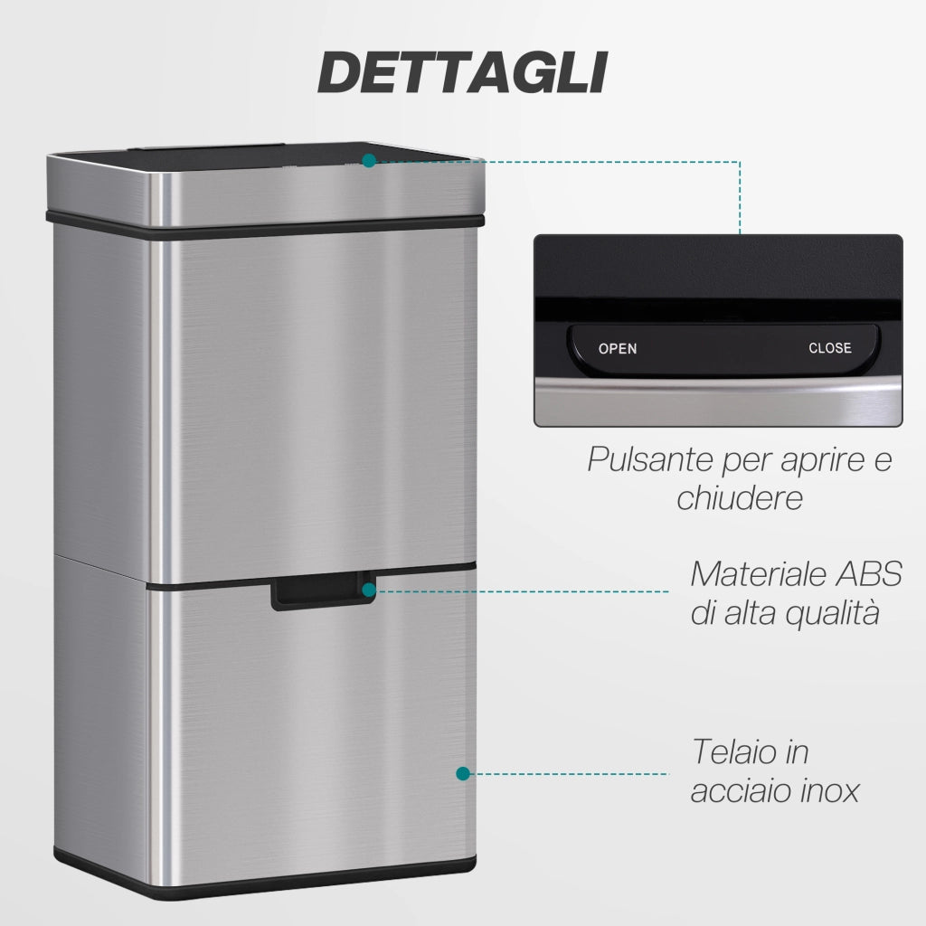 Pattumiera a 3 Scomparti con Sensore Infrarossi ¨C Minimal ¨C Acciaio e ABS, 42x30x81 cm