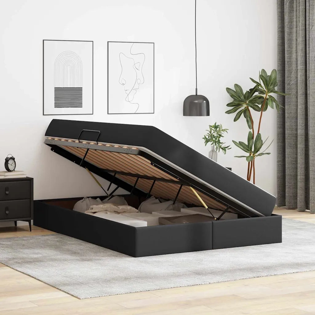 Letto con contenitore e materasso 2 pcs Nero Pelle