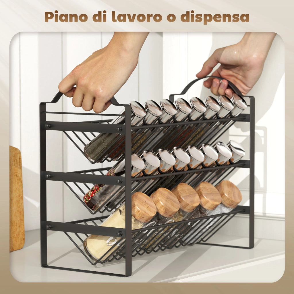 Portaspezie a 3 Livelli ¨C Minimal ¨C Nero, Metallo, Salvaspazio