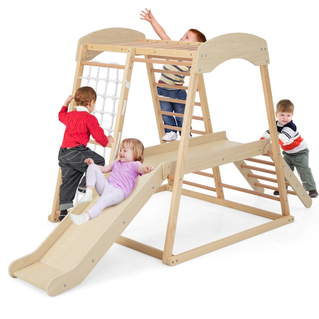 Parco giochi 6-in-1 per bambini 1+ anni con barre di scimmia scivolo corda e scale in legno, Palestra in legno Naturale