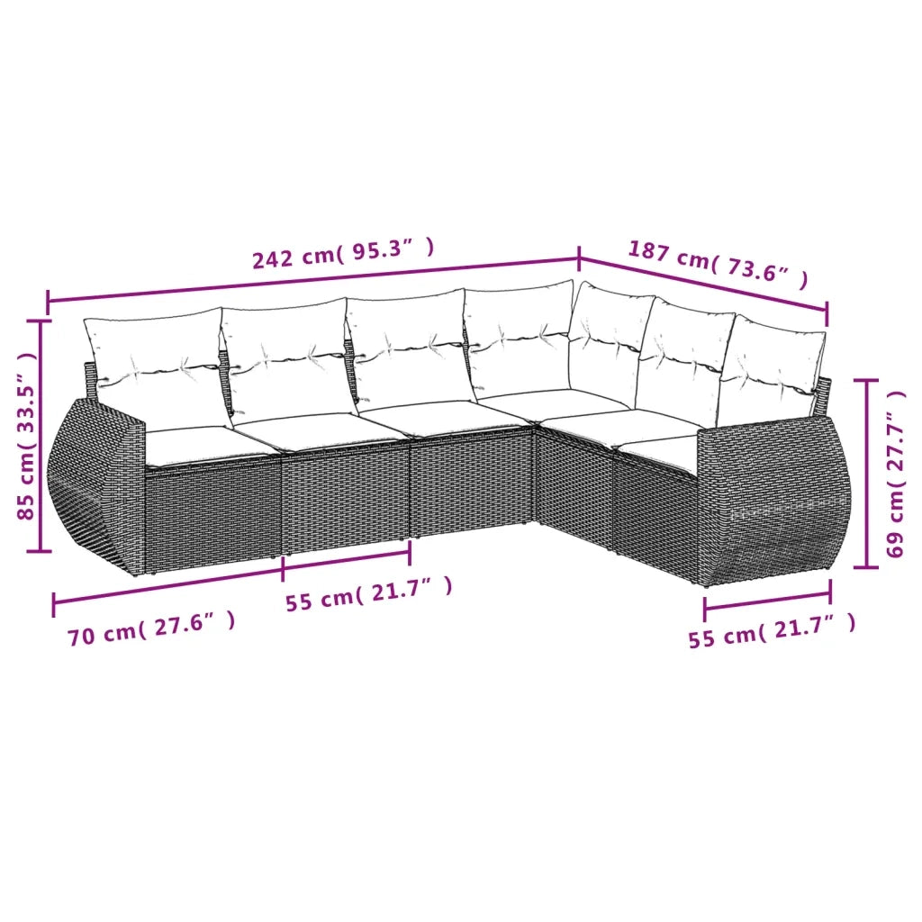 Set Divano da Giardino 6pz con Cuscini Grigio Chiaro Polyrattan