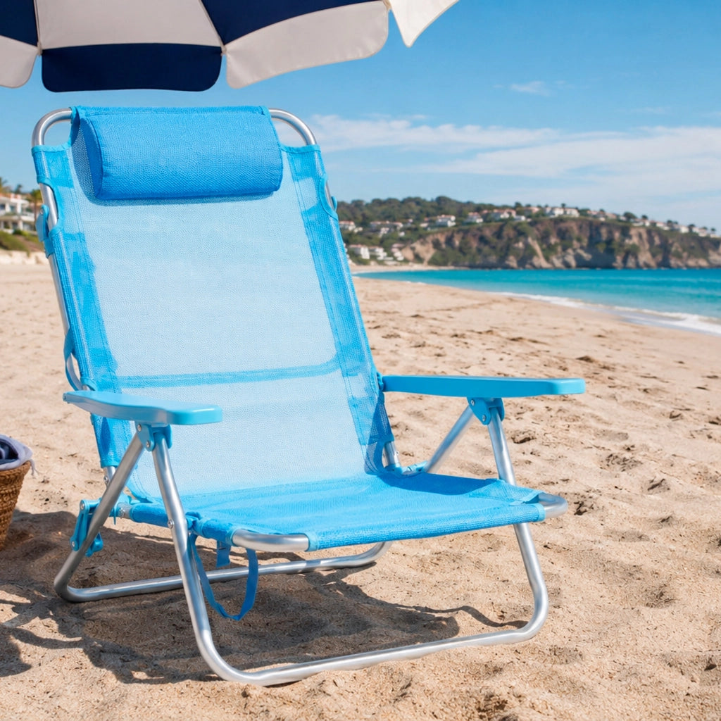 Spiaggina Reclinabile Da Mare Con Poggiatesta Imbottito Sedia Pieghevole Trasformabile In Lettino Per Campeggio Spiaggia Relax Outdoor 53 x 62 x 77 Cm Azzurro