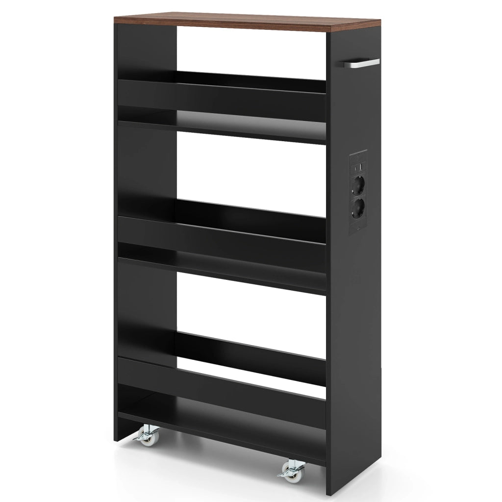 Carrello da cucina 4 ripiani con stazione di ricarica maniglia e parapetti-Scaffale stretto a sfilo con ruote bloccabili per cucina  Nero e noce 20cm