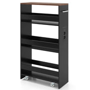 Carrello da cucina 4 ripiani con stazione di ricarica maniglia e parapetti-Scaffale stretto a sfilo con ruote bloccabili per cucina  Nero e noce 20cm