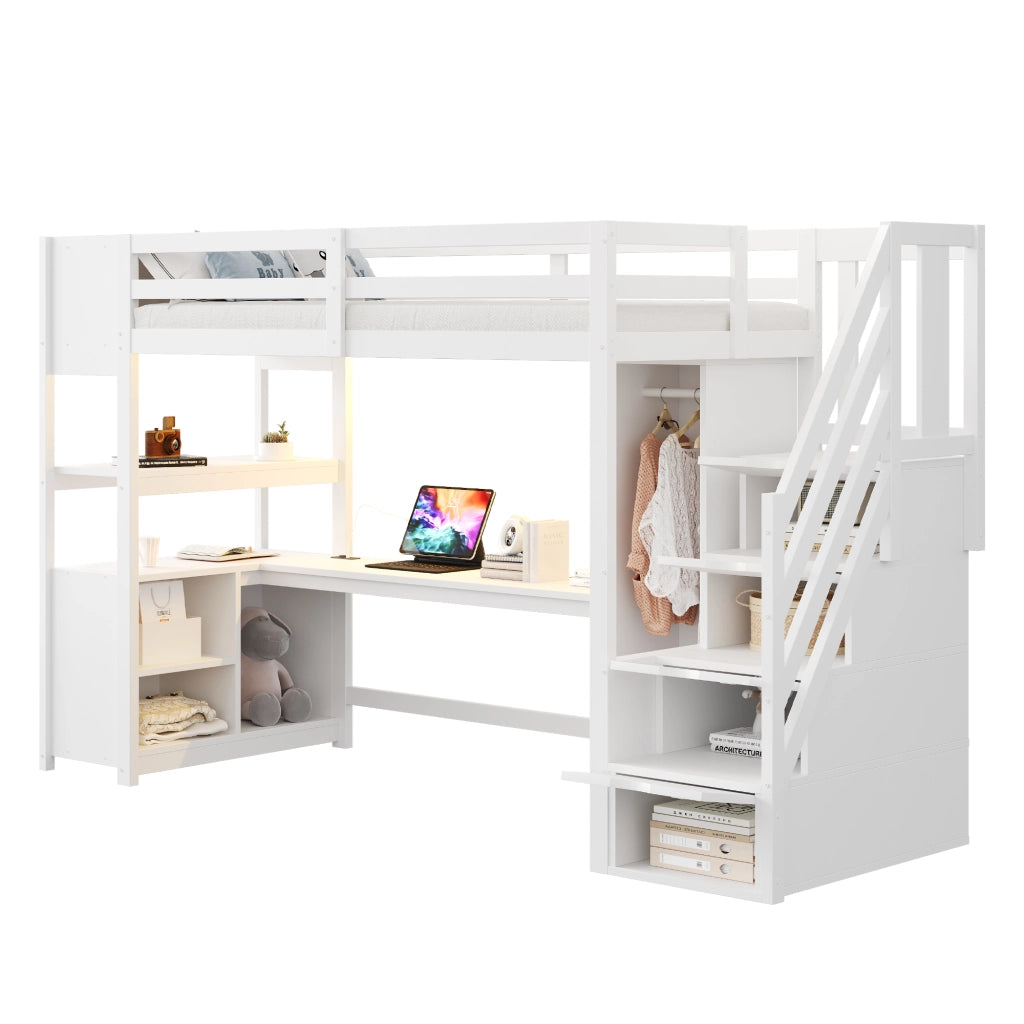 Letto a Soppalco con Scrivania e Armadio ¨C MINIMAL ¨C Legno Bianco, LED, 90x200