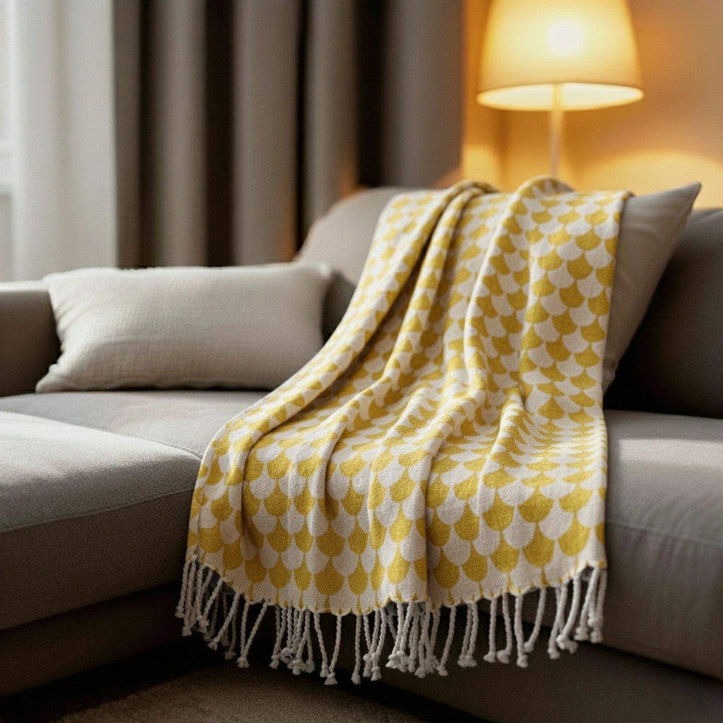 Coperta gialla e bianca con frange 130x170 cm DROP