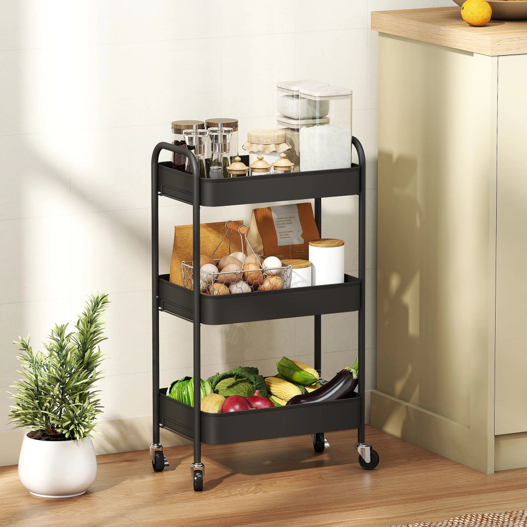 Carrello Multiuso con 3 Ripiani e 4 Ruote ¨C Minimal ¨C Nero 45x30.6x79 cm