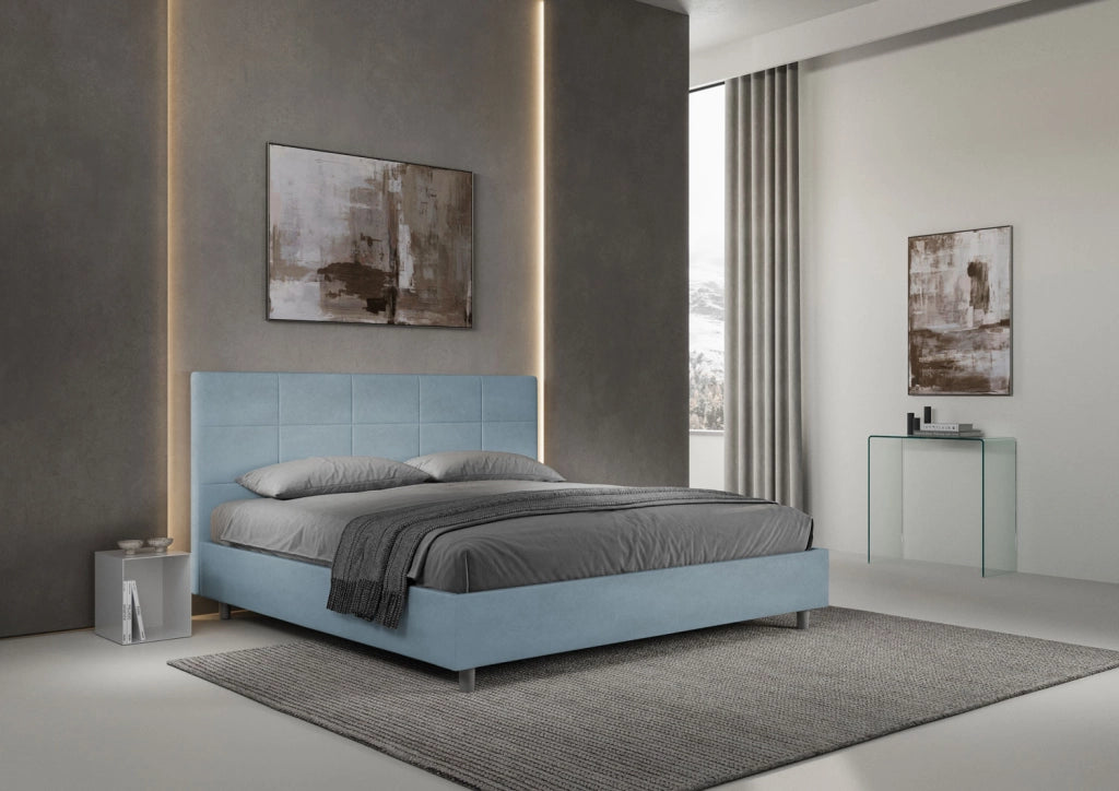 Letto Matrimoniale King Size 200x200 cm Senza Rete Imbottito in Microfibra Mika Azzurro