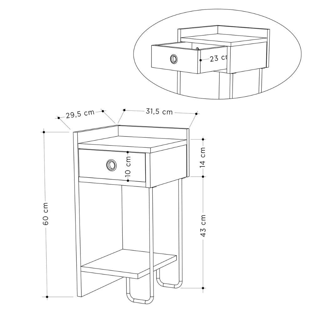 Comodino Sirius bianco con cassetto e gamba in metallo nero sinistro
