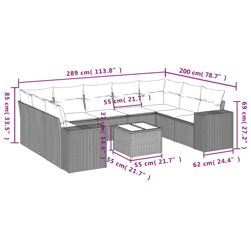 Set Divani da Giardino 10pz con Cuscini in Polyrattan Nero 3255342