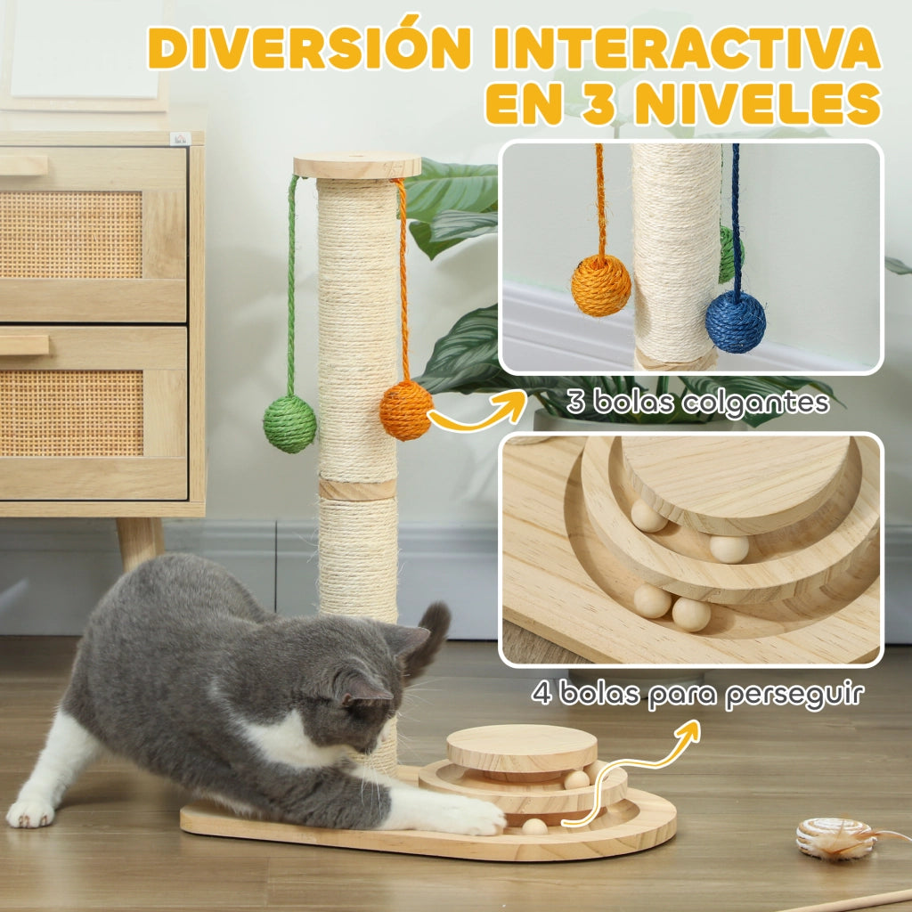 Gioco per Gatti con Graffiatoio e Palline ¨C Minimal ¨C Legno Naturale 56,5 cm