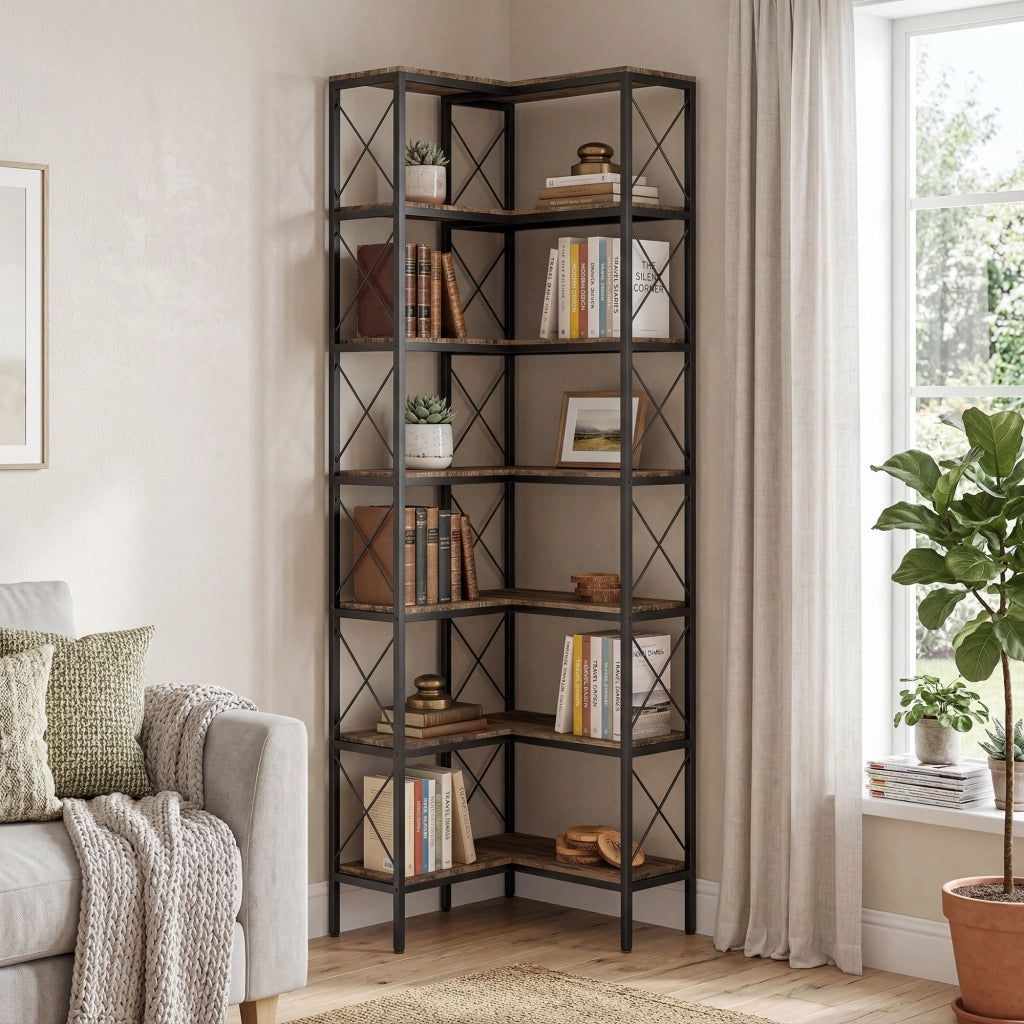 Libreria angolare 6 ripiani ¨C Xylo ¨C metallo marrone rustico 60x60x200cm