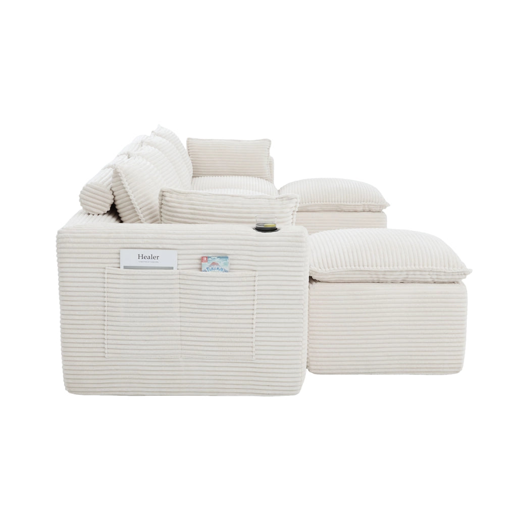Divano Modulare 4 Posti con Poggiapiedi, Cuscini e Portabicchieri ¨C MINIMAL ¨C Beige, Tessuto a Coste