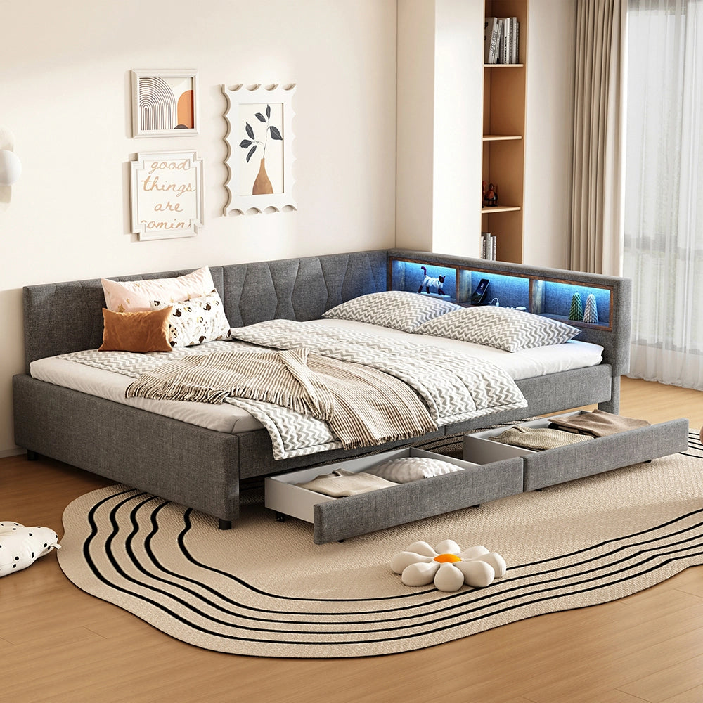 Daybed-Xylo-140x200 cm-LED, USB-C, 2 cassetti, lino grigio