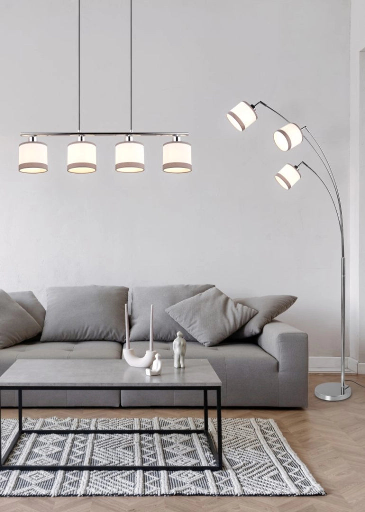 Piantana 3 paralumi, metallo, cromato e bianco/grigio, H 185 cm, Davos