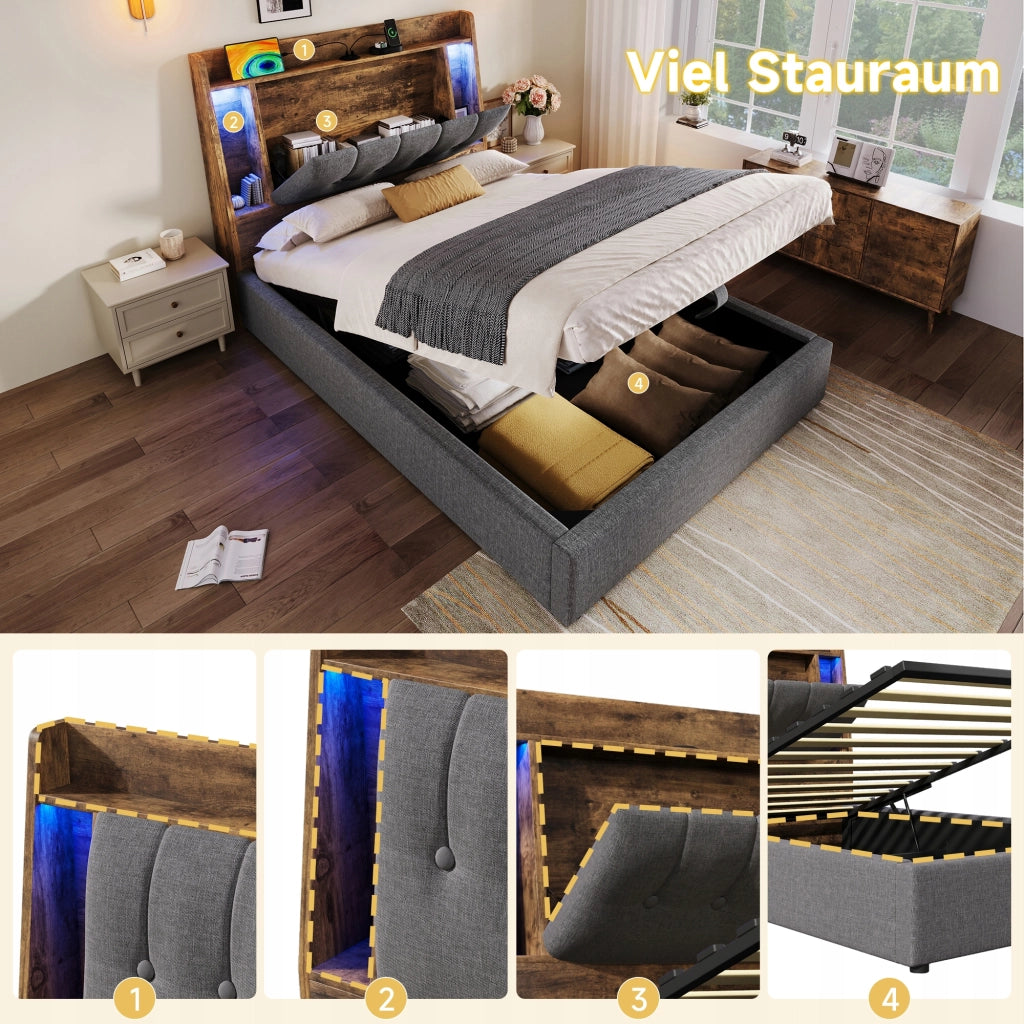 Letto imbottito singolo - Xylo - 90x200 - Grigio - Stelaio sollevabile USB-C