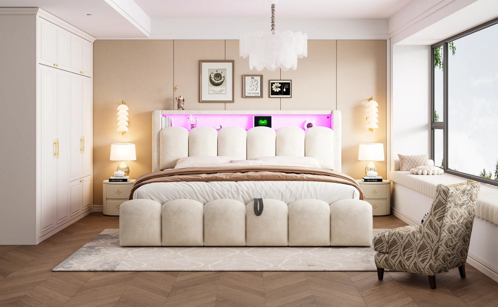 DESMIU Letto Contenitore 180 × 200 cm 2 Posti con LED, USB, Type-C e vani, senza materasso, Beige