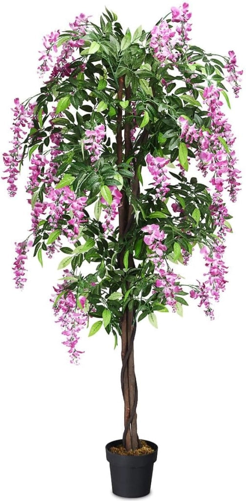Pianta artificiale Wisteria, albero artificiale con foglie e 2 tronchi, fiori artificiali in vaso, piante decorative, 180 cm