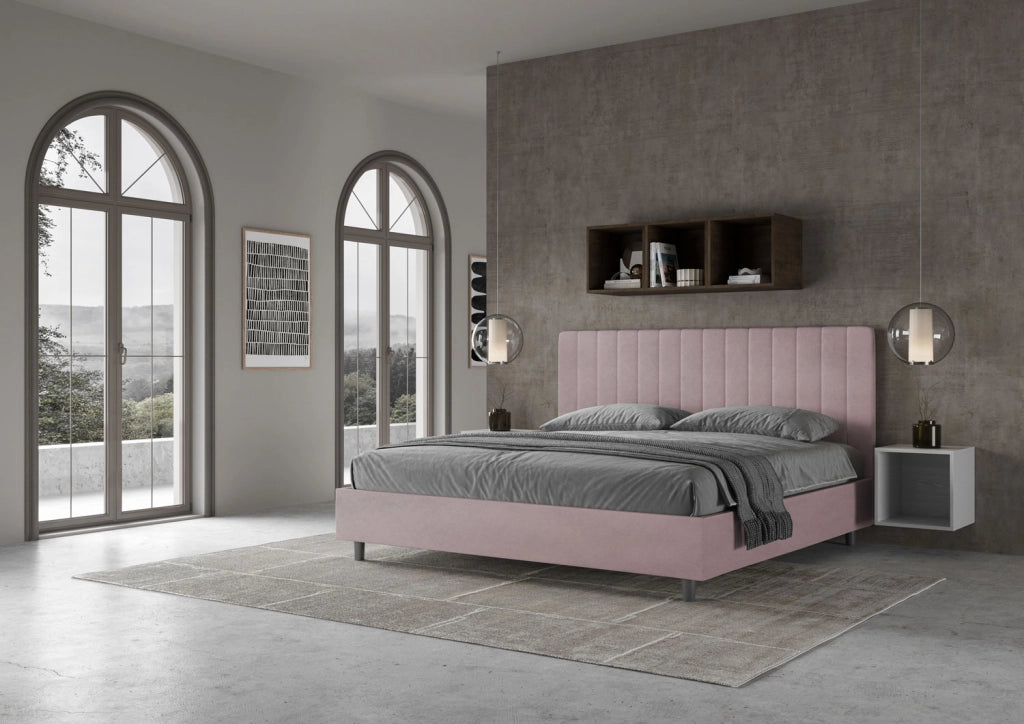 Letto Matrimoniale King Size 200x200 cm con Rete Imbottito in Microfibra Agueda Glicine