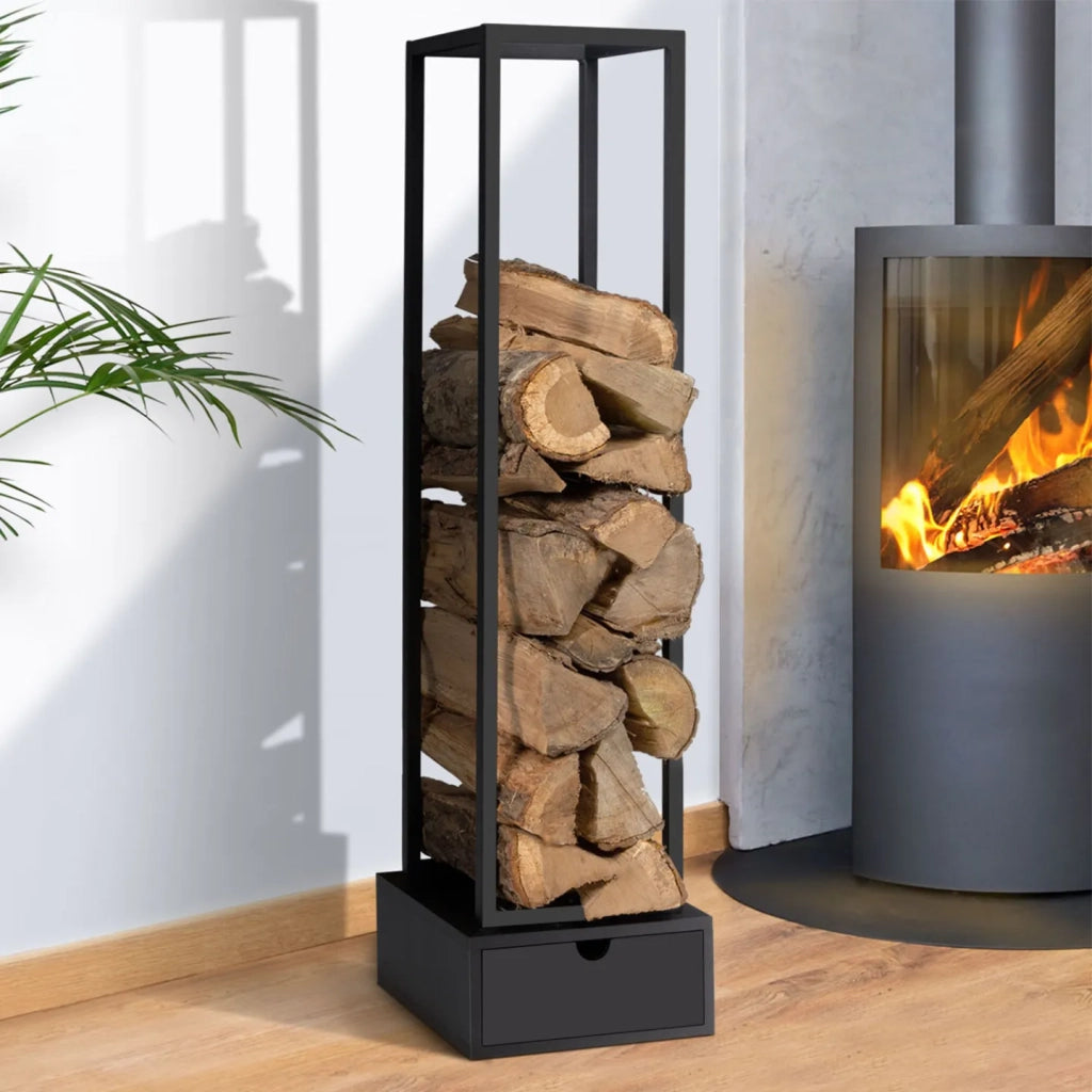 IDMarket - Leñero vertical de acero negro H. 125 cm con cajón