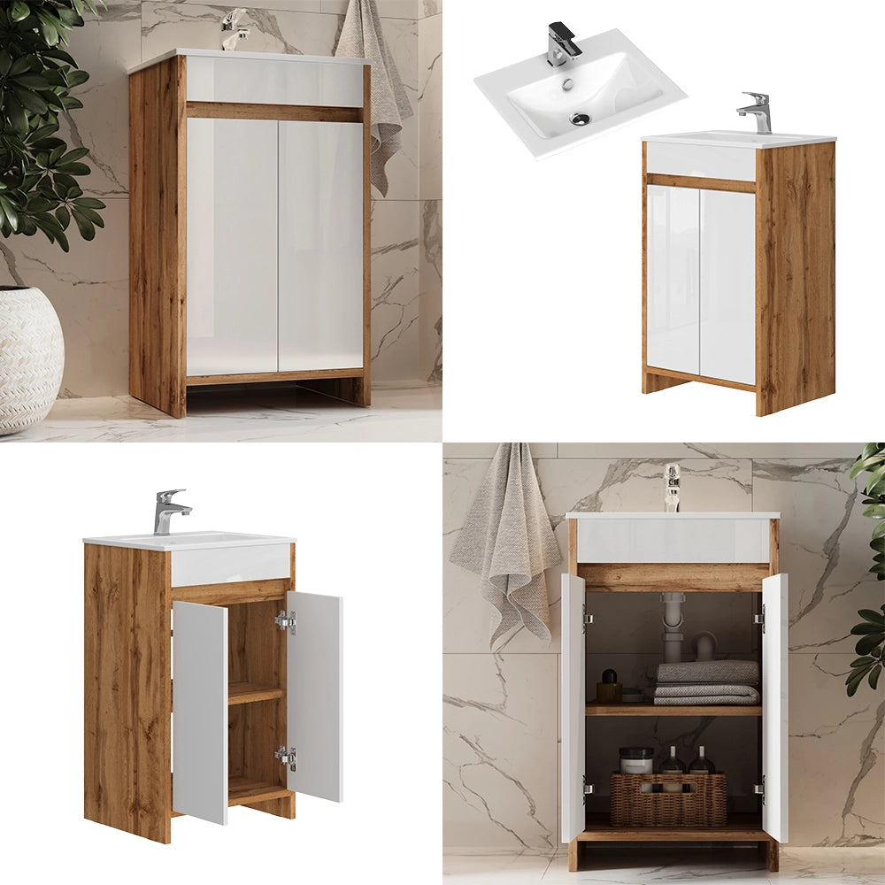 Vicco Set mobili bagno Quercia dorata 2 parti, con lavabo e 2 ante a battente