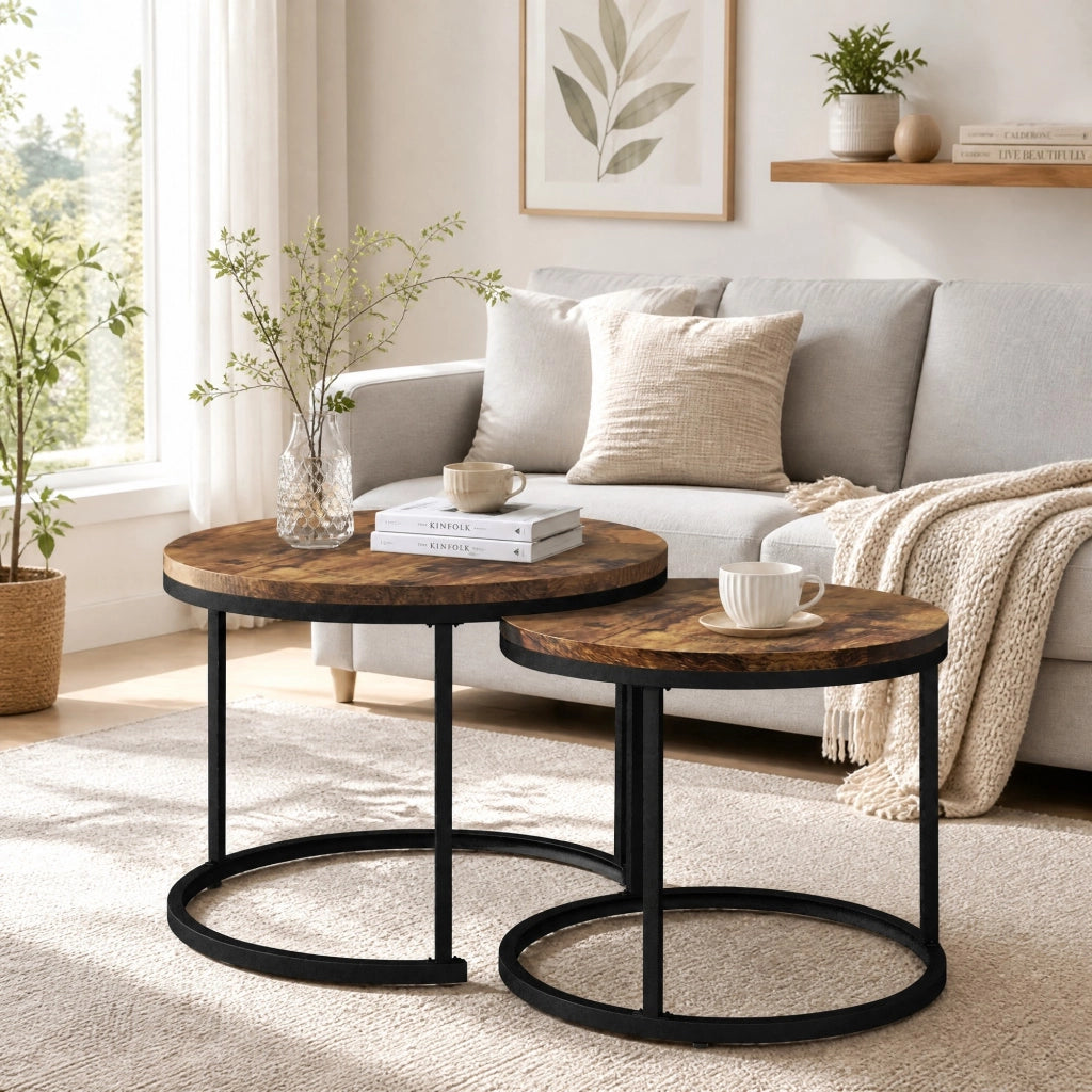 Set di 2 tavolini da caffè rotondi impilabili; MDF marrone; 50 x 70;5 cm e 45;5 x 44 cm