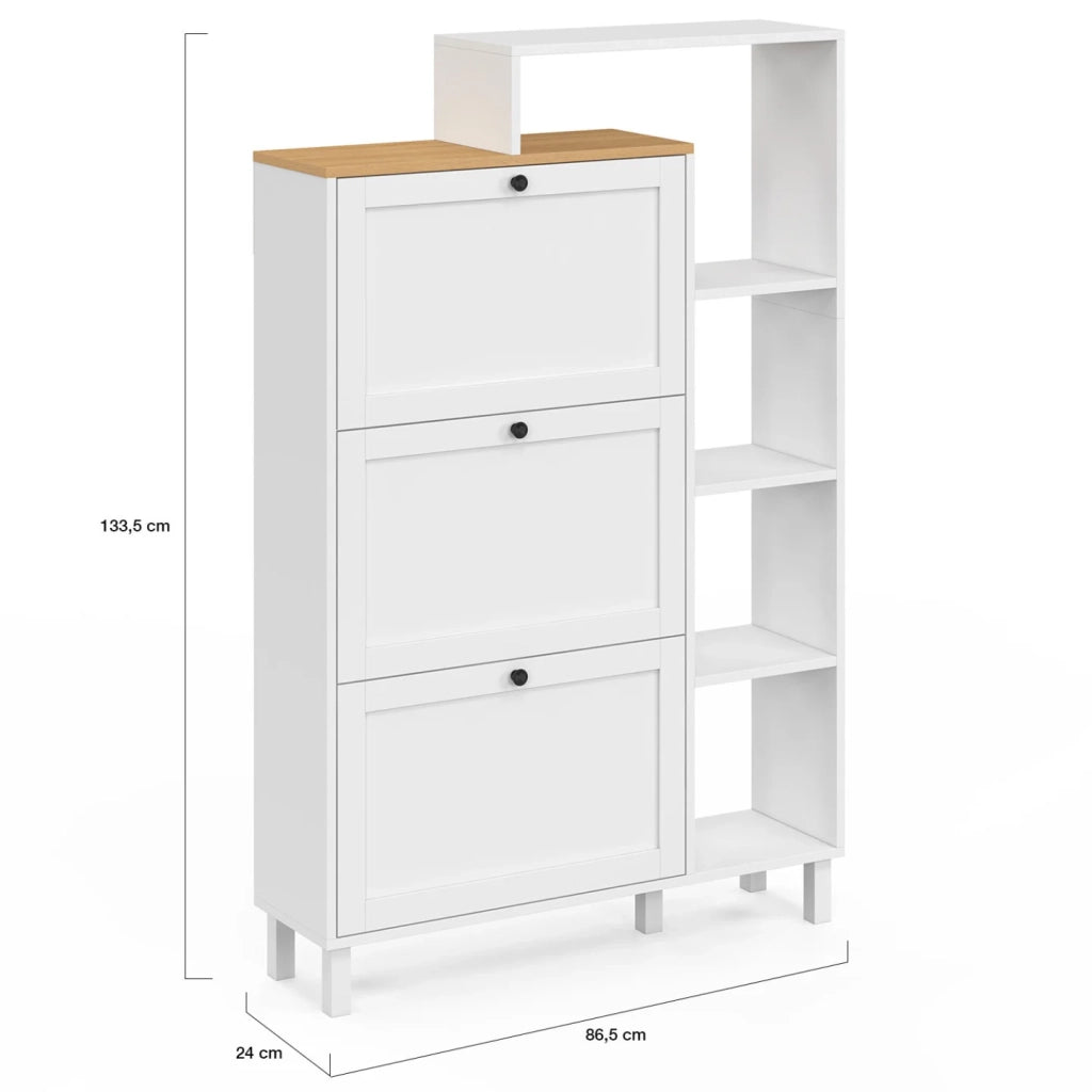 IDMarket - ACHILLE 18 paia di scarpiere bianche a 3 ante con piano e ripiano in legno