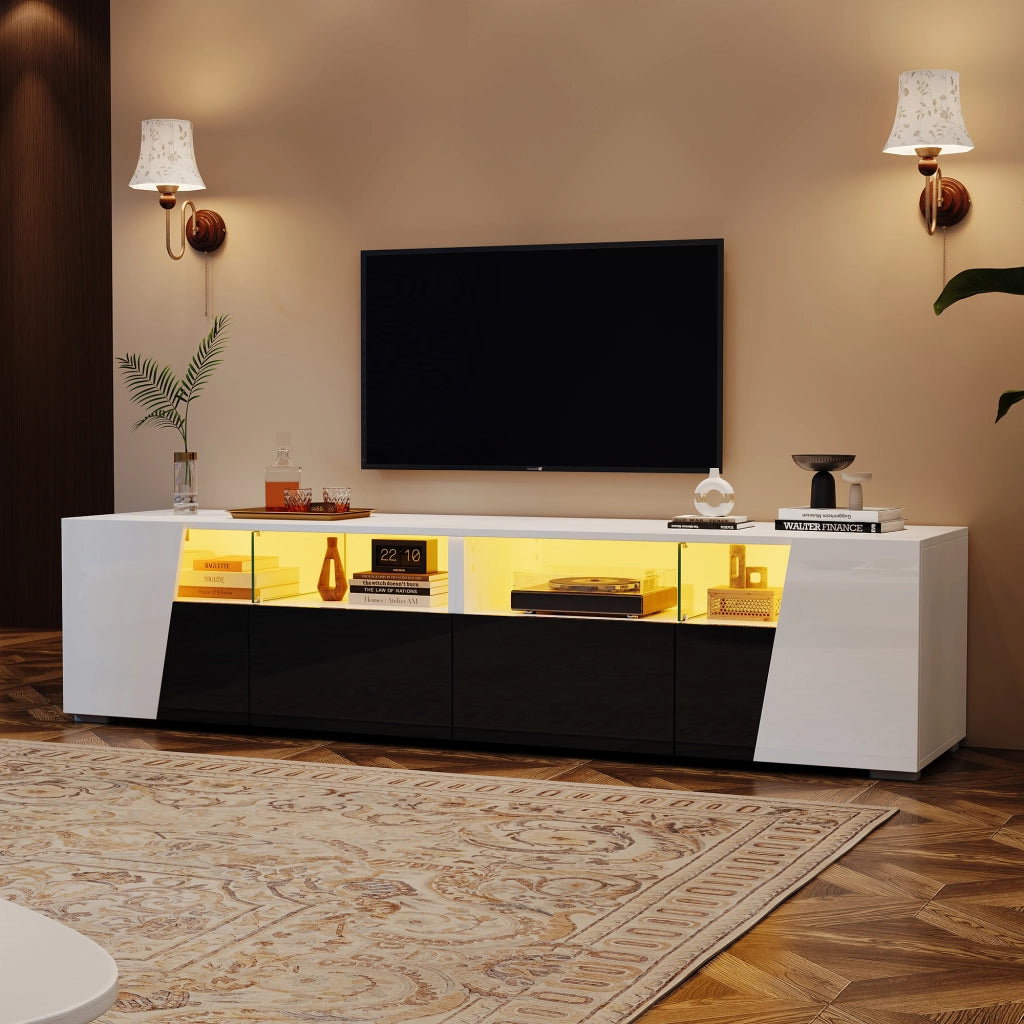 Mobile TV stand bianco e nero in MDF e vetro; lunghezza 180 cm