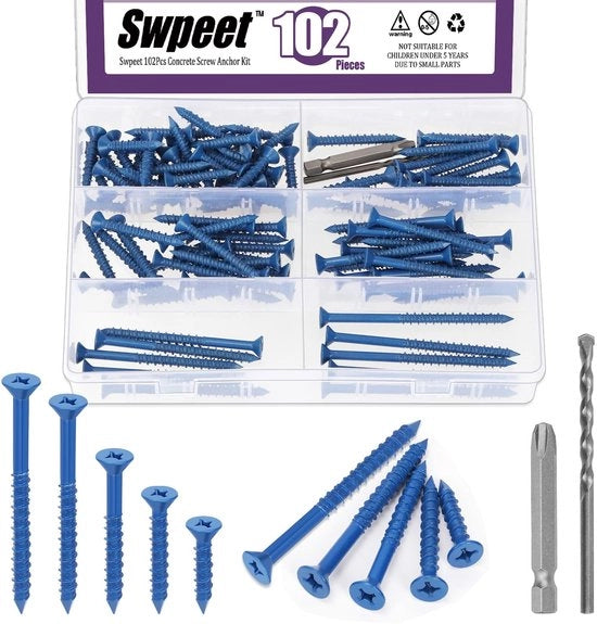 Kit di fissaggio 102 pezzi 5 misure 3/16" piatto capo ancore di cemento con set di bit e trapano per fissaggio in muratura