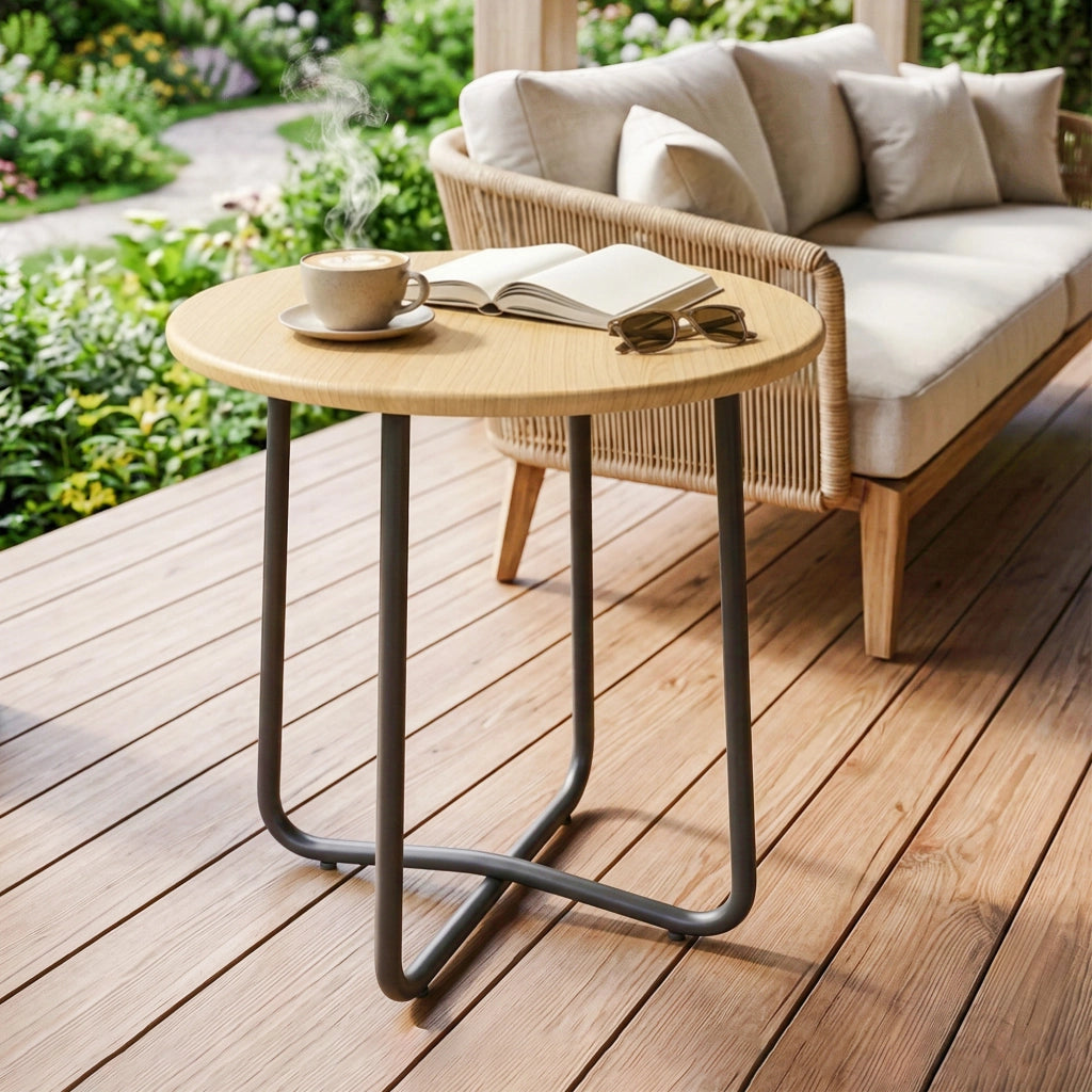 Tavolino da Giardino Rotondo in Metallo ¨C zephmum ¨C Effetto Legno Naturale ?48x51 cm