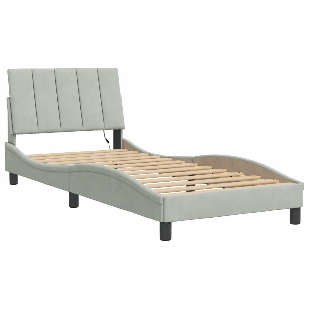 Letto singolo | Letto per adulti | Giroletto con LED senza Materasso Hanko Grigio Chiaro 90x190 cm in Velluto