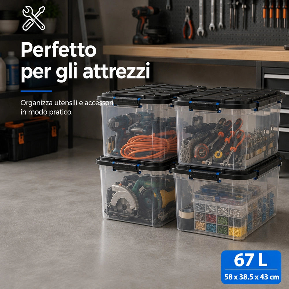 Set 4 Pezzi Contenitori con Coperchio Storage Box Solid Cargo 67L 58x38.5x43 cm