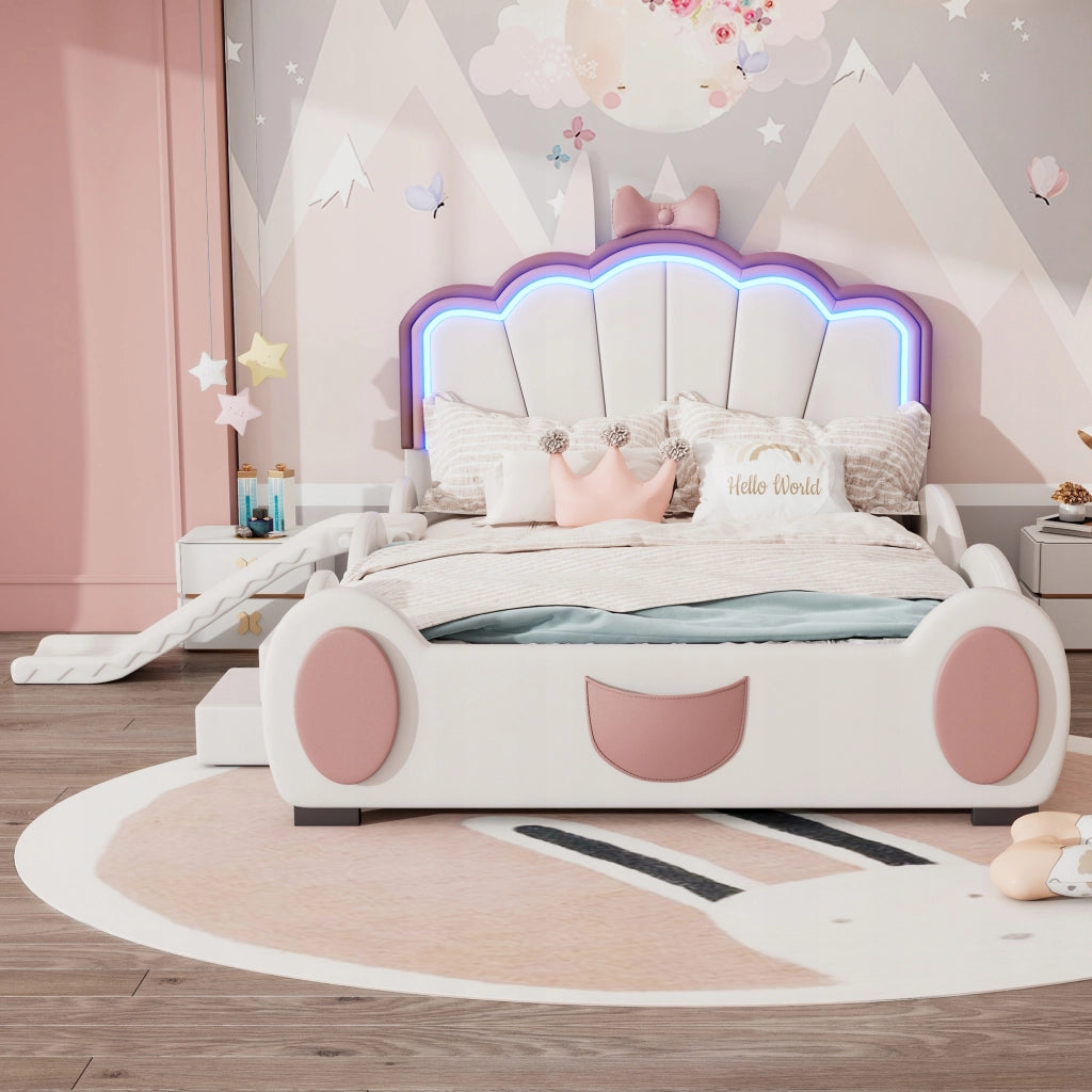 Letto per bambini 140x200 - Xylo - Rosa e bianco con LED